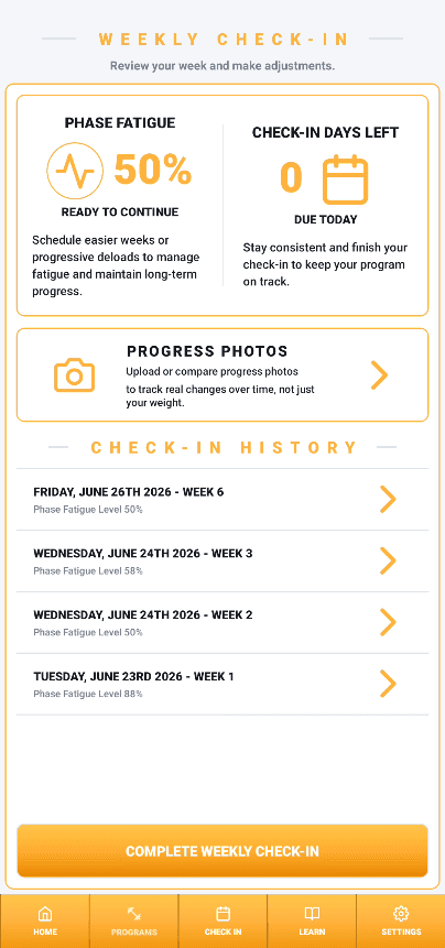 MyGymCoach smart check-in walkthrough showing fatigue, progress photos, and check-in history.