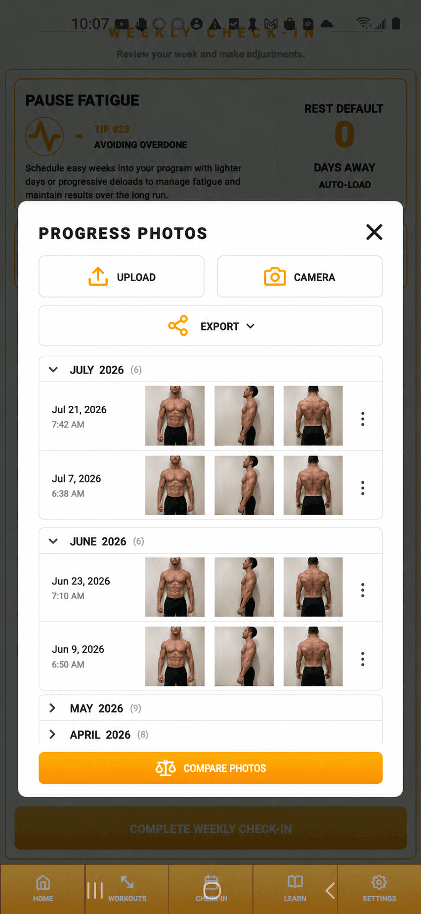 MyGymCoach progress photo screen.