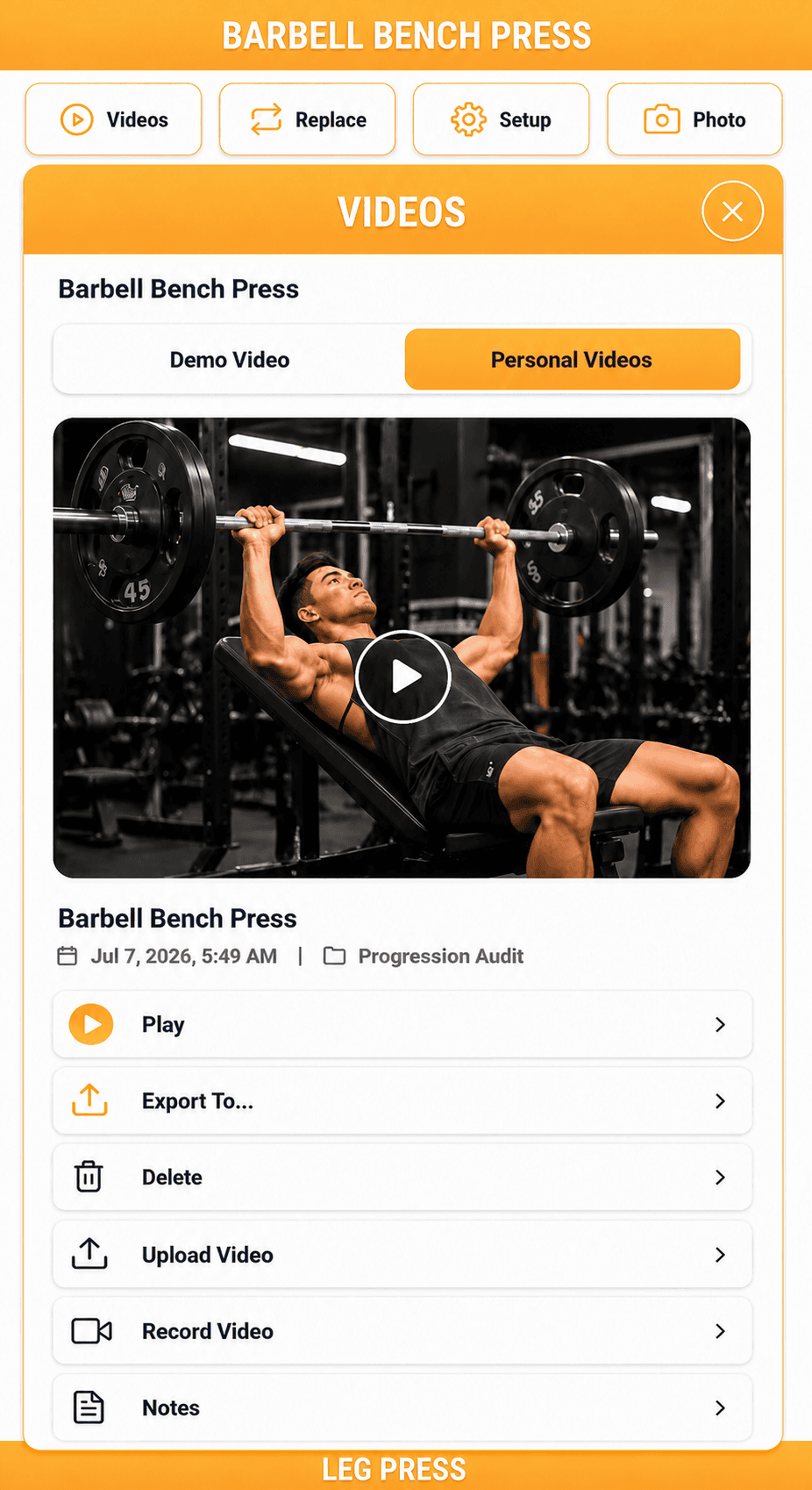 MyGymCoach personal video library showing an incline chest press.