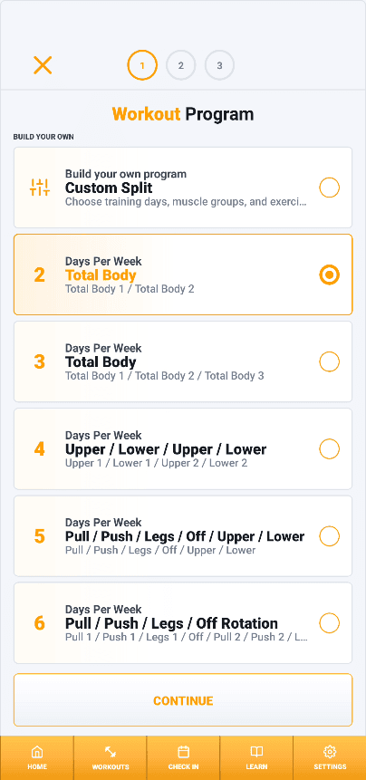 MyGymCoach workout-program screen for choosing a custom split or a 2- to 6-day schedule.