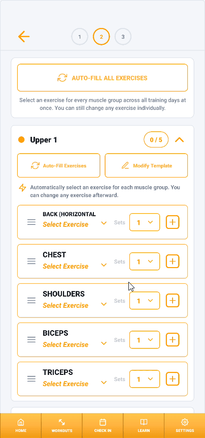 MyGymCoach exercise-selection screen for building an Upper 1 workout.