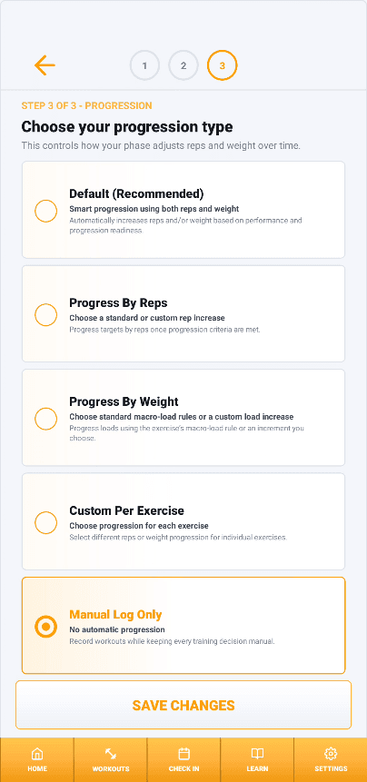 MyGymCoach progression setup with Manual Log Only selected.