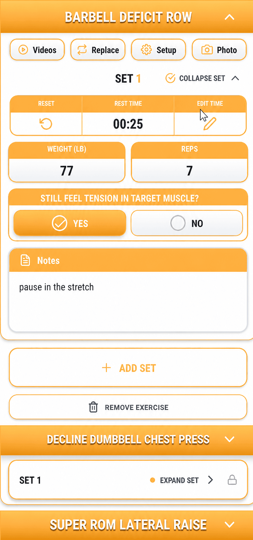 MyGymCoach active Barbell Deficit Row workout with a running rest timer, completed set, tension feedback, and notes.